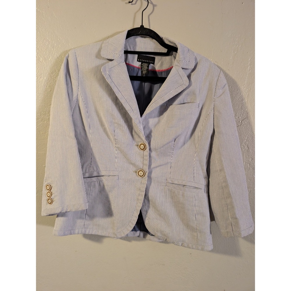 Attention Women's Sz 6 Blue White Pinstripe Seersucker Blazer 3/4 Sleeve Preppy
